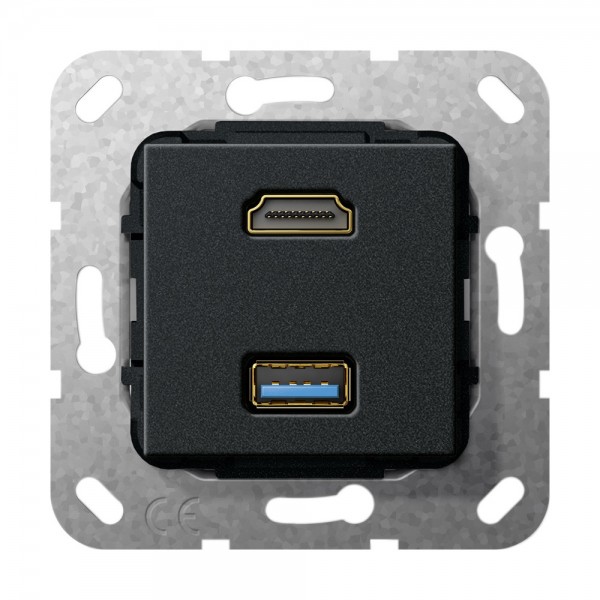 Gira 567810 Einsatz HDMI™ 2.0a + HDR und USB 3.0 Typ A Kupplung Schwarz Matt